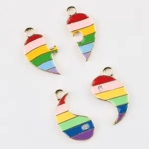 Ciondoli a cuore in smalto arcobaleno per creazione di collane e gioielli fai-da-te, 11x20mm