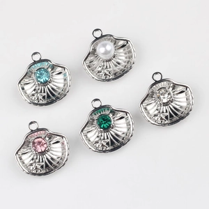 Five shell-shaped silver alloy pendants with pearl and colorful zircon for DIY jewelry