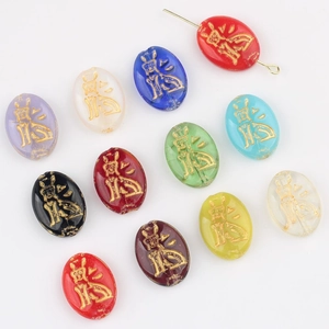 Czech Glass Oval Beads Gold Traced Cat Pattern DIY Loose Beads Accessories For Jewelry Making Bracelet Hairpin Material