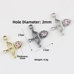 Cupid arrow heart charms in gold silver and black alloy with pink cubic zirconia