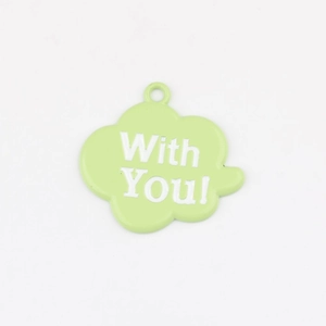 Detail of light green cloud-shaped pendant with With You! lettering and top hanging loop