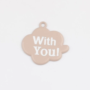 Detailed view of pink enamel cloud pendant with white With You! text and metal loop