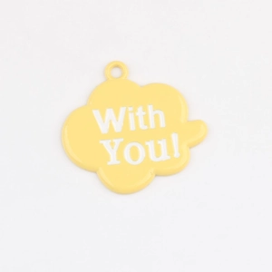 Detailed macro view of yellow cloud pendant with With You text and hanging hole
