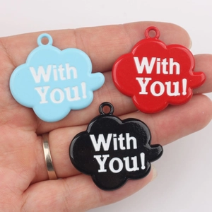 Minimalist cloud pendant charms with With You text in blue red and black metal colors