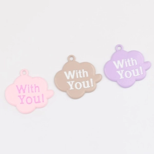 Cloud-shaped alloy pendants in pink, brown and purple with 'With You!' lettering