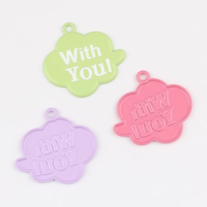 Detail of alloy cloud pendants with With You text in green pink and purple colors