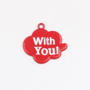 Macro shot of red enamel cloud pendant with With You lettering for DIY jewelry making