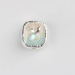 Detail of square alloy charm with resin inlay and cute rabbit ear design for DIY jewelry