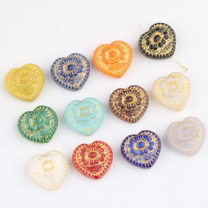 Vintage Heart Shaped Czech Glass Beads With Gold Tracing Dahlia Pattern Bohemian Style DIY Jewelry Making Accessories