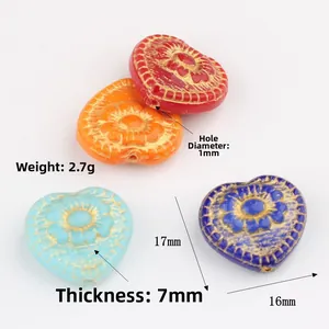Gilded Czech glass heart beads with dahlia patterns in four vibrant colors, 17x16mm size