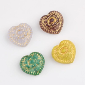 Vintage heart shaped Czech glass beads with gold dahlia floral engraving in four colors