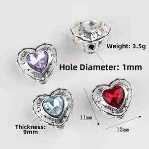 Antique silver heart charms with colorful zircon and 'LUCK' engraving for DIY jewelry