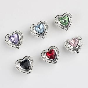 Set of 6 vintage silver heart charms with colorful zircon stones and Luck engraving