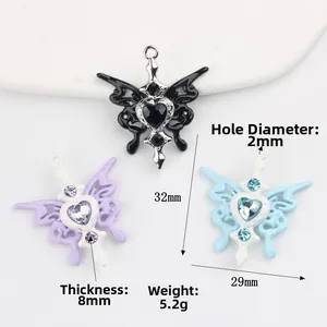 Pendentif papillon en alliage avec zircons colorés, 32x29mm, pour création de bijoux DIY