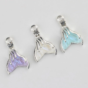 Minimalist alloy resin fishtail pendants with rhinestones in purple white and blue
