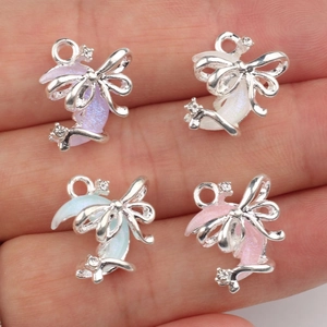 Alloy moon pendants with resin and zircon bows in purple, white, blue, and pink