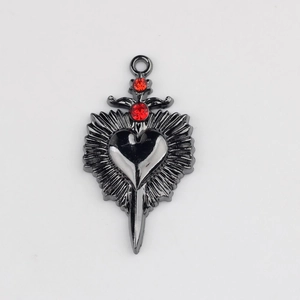Gothic heart sword pendant with black metal finish and sparkling red crystals detail