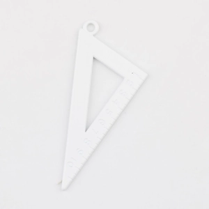 Detailed macro view of a white triangle scale pendant with clear 0-10 measuring markings