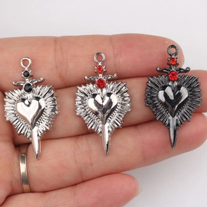 Gothic heart dagger charms with inlaid zircons in silver and black metal finishes