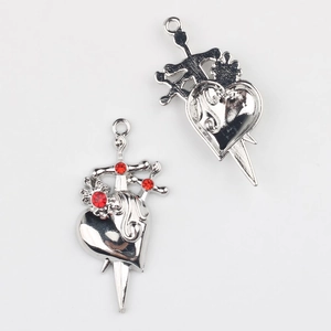 Gothic silver alloy dagger through heart pendant with red rhinestones front and back view
