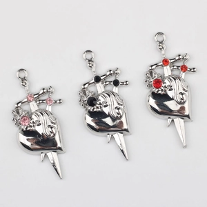 Three silver alloy heart cross pendants with pink, black, and red rhinestones for jewelry DIY