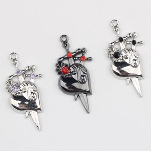 Gothic alloy heart dagger charms with rhinestones for DIY necklace jewelry making