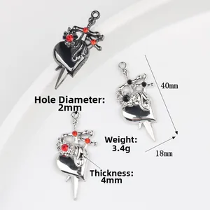 Gothic heart sword pendant in silver and black gold with detailed dimensions for DIY jewelry