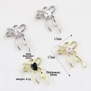 Minimalist alloy bow and heart pendant with zircon inlay for DIY jewelry crafts