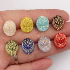 Vintage gold-etched rose embossed glass beads in eight assorted colors for DIY jewelry