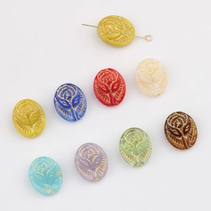 Vintage Czech Glass Beads Double Sided Embossed Rose Beads Gold Painted Oval Loose Beads For DIY Jewelry Making Bracelet