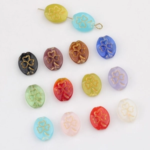 Vintage Multicolor Gold Etched Shamrock Glass Beads Oval Shamrock Pattern Colored Glaze Beads For Handmade DIY Jewelry Making