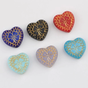 Czech glass heart beads with vintage gold floral pattern for DIY jewelry making