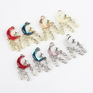 Pendentifs lune et plume en alliage avec résine et strass pour la création de bijoux DIY