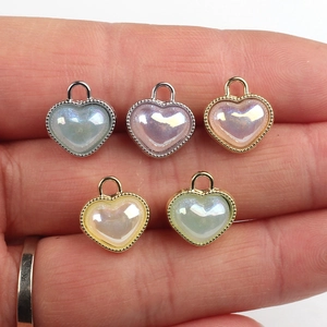 Minimalist resin heart charms with aurora effect and gold/silver beaded metal frame