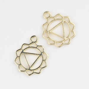 Detailed view of two gold alloy hollow yoga chakra pendants for DIY jewelry design