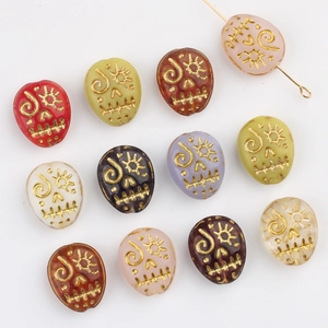 Vintage Czech Glass Beads Gilded Double Sided Skull Flat Oval Loose Beads For DIY Bracelet Necklace Handmade Jewelry Making