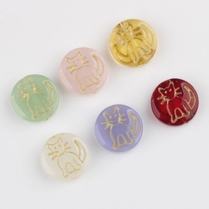 Flat round Czech glass cat beads with gold engraved outlines in six assorted colors