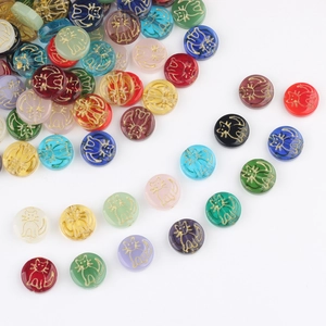 Czech glass beads featuring double-sided gold cat engraving in multiple vibrant colors