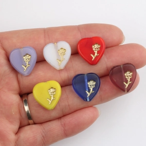 Czech glass heart beads with gold-painted rose patterns in six various colors