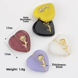 Czech glass heart beads with gold rose engraving in five colors for DIY jewelry 16mm