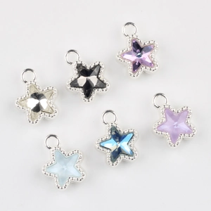 Set of six colorful 11mm star zircon charms for DIY necklaces with silver metal settings