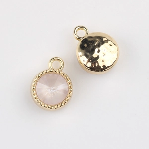 Detailed front and back view of pink crystal pendant with gold beaded edging for DIY jewelry