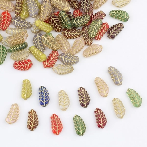 Colorful 15x7mm Czech glass leaf beads with gold-painted veins for DIY jewelry making
