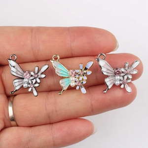 DIY Butterfly alloy pendant charms with colorful enamel rhinestones and pearls