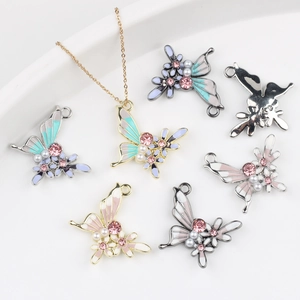 Butterfly Enamel Alloy Charms With Rhinestone Artificial Pearl Inlay For DIY Necklace Bracelet Earring Jewelry Making Accessories