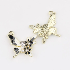 Detail of alloy butterfly pendant with black and white enamel and pearl inlay details