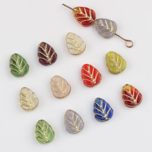Vintage Czech Glass Leaf Beads With Double Sided Gold Traced Veins For DIY Handmade Jewelry Making Bracelet Hairpin Accessory