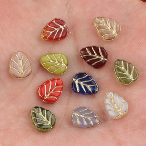 Czech glass leaf beads 10x8mm with gold engraving for DIY bracelet jewelry making