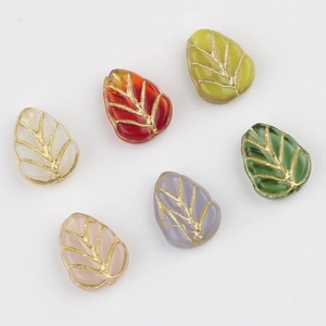 Handmade Czech glass leaf beads with gold leaf patterns in six assorted colors for DIY jewelry