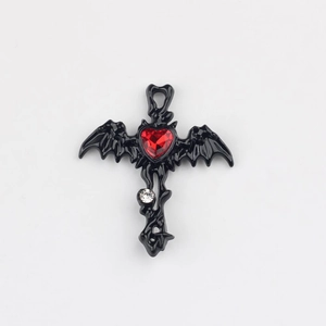 Gothic black bat wing cross pendant with red heart gemstone and zircon details